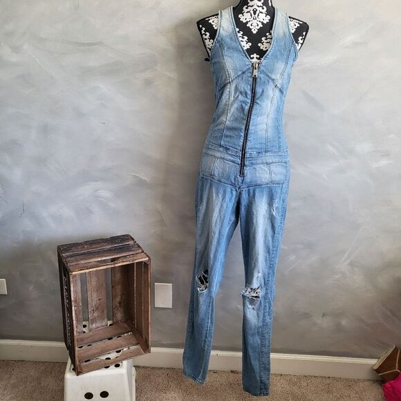 GUESS Jumpsuit Los Angeles Overalls Women's 4 Denim Skinny Leg Distress Y2K - Picture 11 of 16